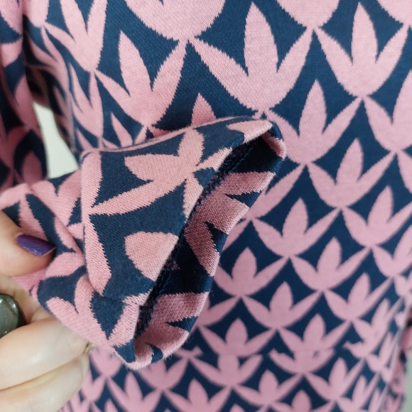 BODEN High Neck Fit&Flare Dress Pink Navy Floral Geo Size 14R Winter Autumn Chic - Picture 2 of 11